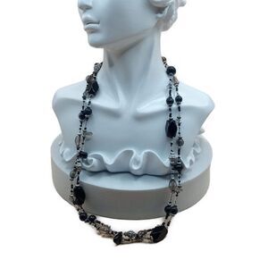 Vintage The Black Fire Polished Crystals on Silk Thread Necklace